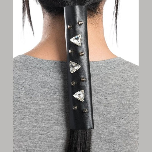 Hair Glove 8" Leather Hair Glove Wrap -Bullet Heads w/White Crystals