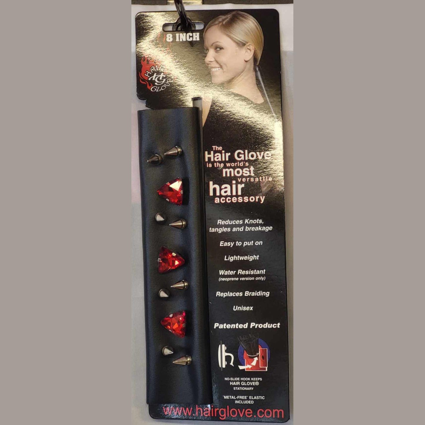 Hair Glove 8" Leather Hair Glove Wrap -Bullet Heads w/Ruby Crystals on Card