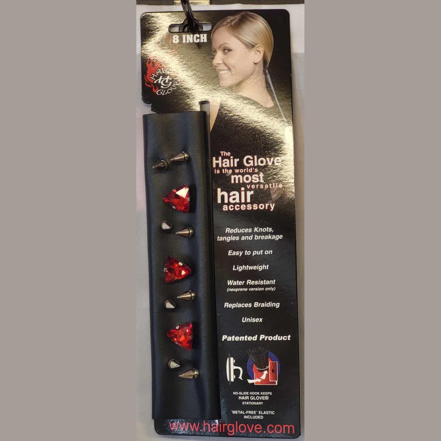 Hair Glove 8" Leather Hair Glove Wrap -Bullet Heads w/Ruby Crystals on Card