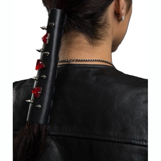Hair Glove 8" Leather Hair Glove Wrap -Bullet Heads w/Ruby Crystals