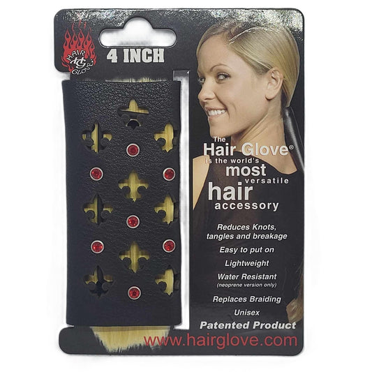 Hair Glove-4" Leather Hair Glove Wrap -Flor de Lis Cut Outs w/Red Gems