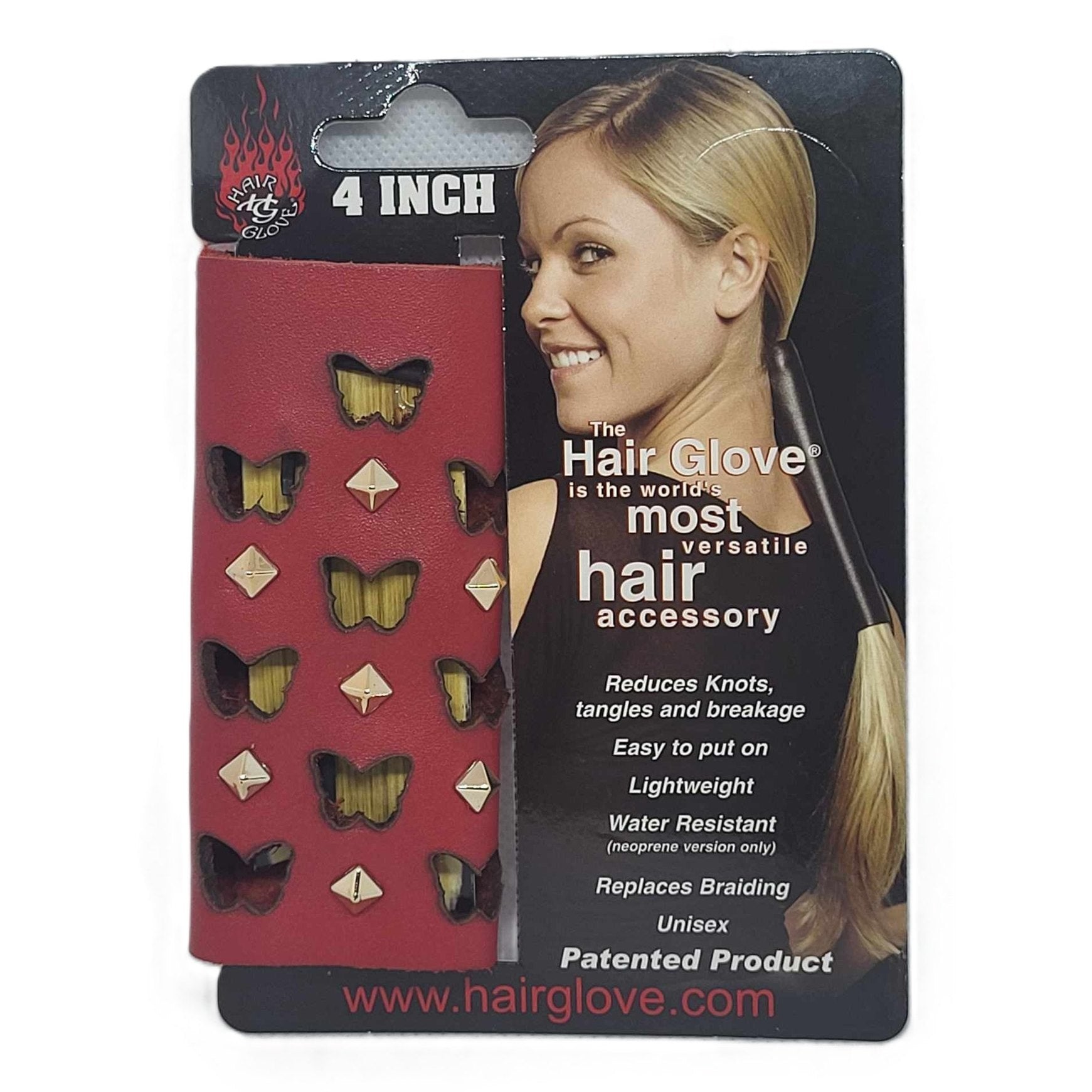 Hair Glove-4" Leather Hair Glove Wrap -Butterfly Cut Outs Red w/Studs