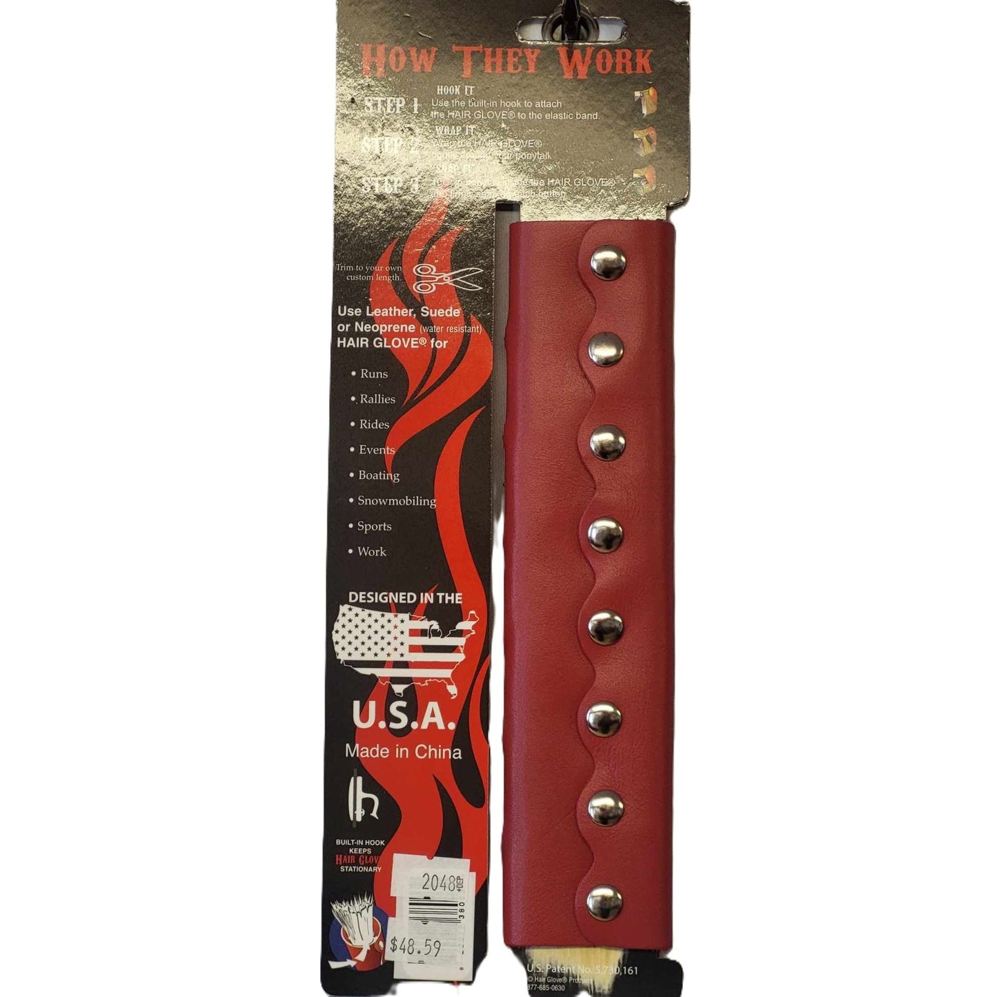 Hair Glove-8" Leather Hair Glove Wrap -Butterfly Cut Outs Red w/Studs back