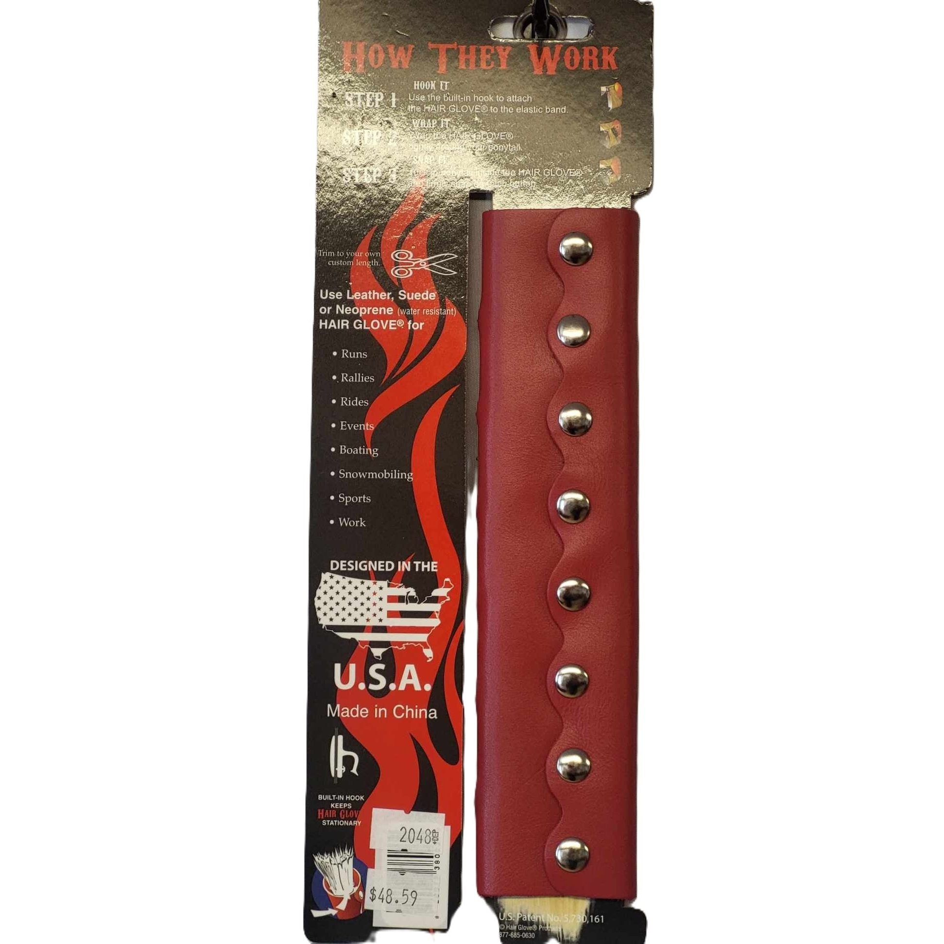 Hair Glove-8" Leather Hair Glove Wrap -Butterfly Cut Outs Red w/Studs back