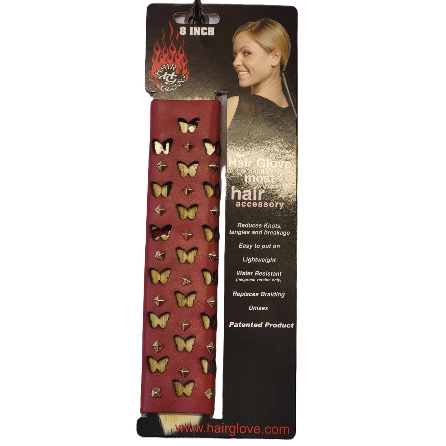 Hair Glove-8" Leather Hair Glove Wrap -Butterfly Cut Outs Red w/Studs on card