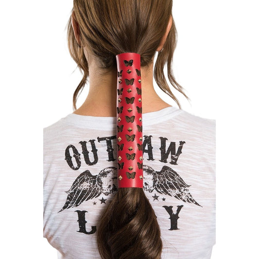 Hair Glove-8" Leather Hair Glove Wrap -Butterfly Cut Outs Red w/Studs