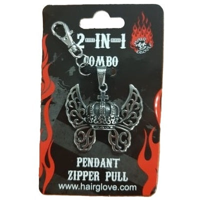 Hair Glove Zipper Pull -Crown and Wings Pendant