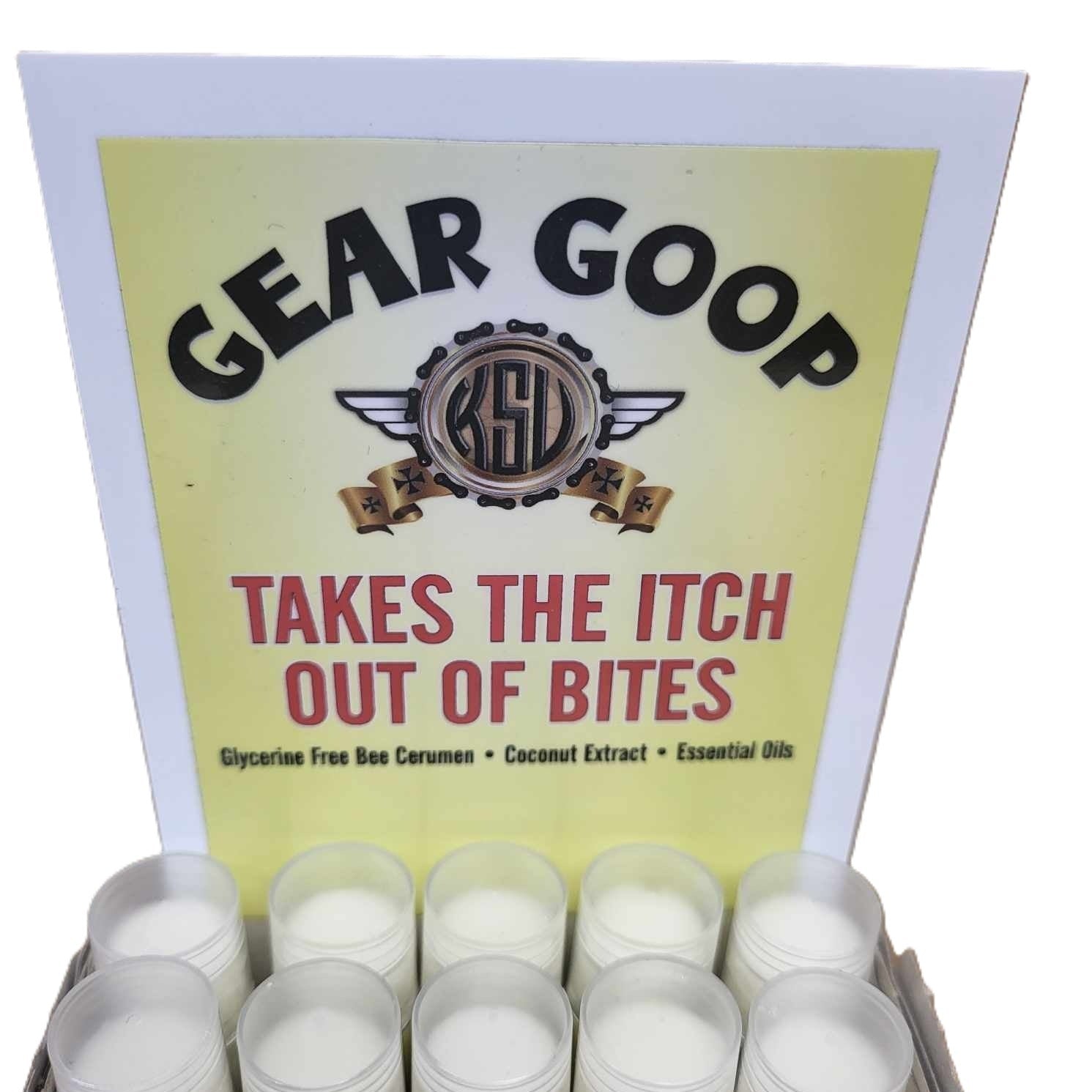 Kick Stands Up Biker Shop Gear Goop Bug Bike Relief Balm-Takes the Itch out of Bites-label