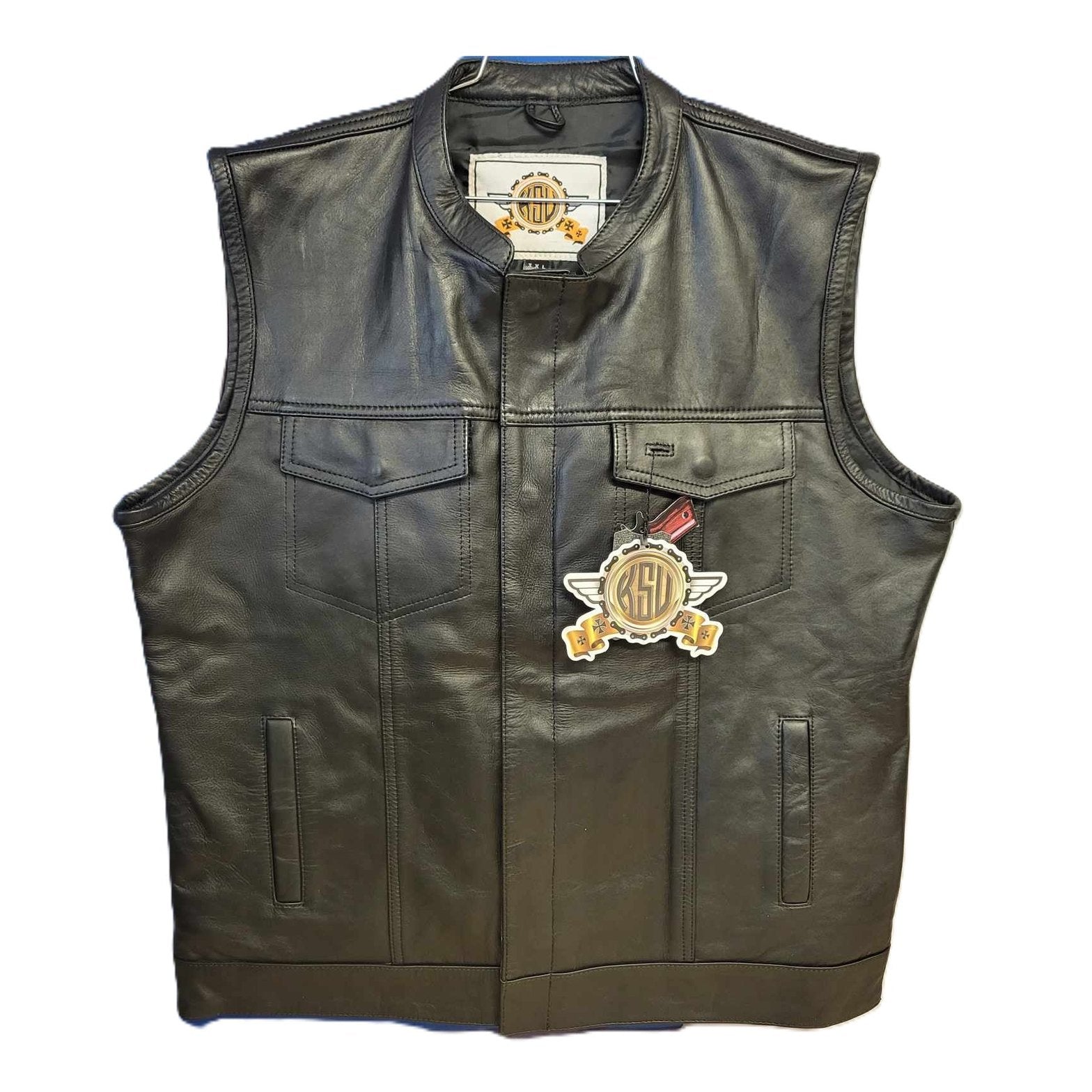 Kick Stands Up Biker Shop Men's Leather Motorcycle Club Vest-Collared