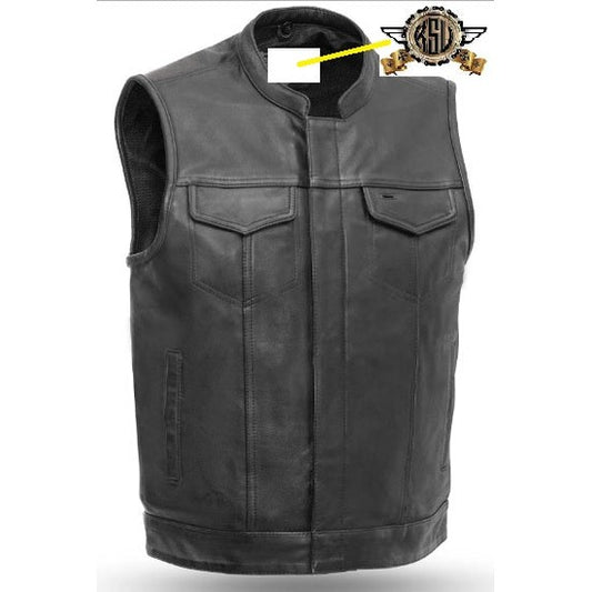 Kick Stands Up Biker Shop Men's Leather Motorcycle Club Vest-Collared