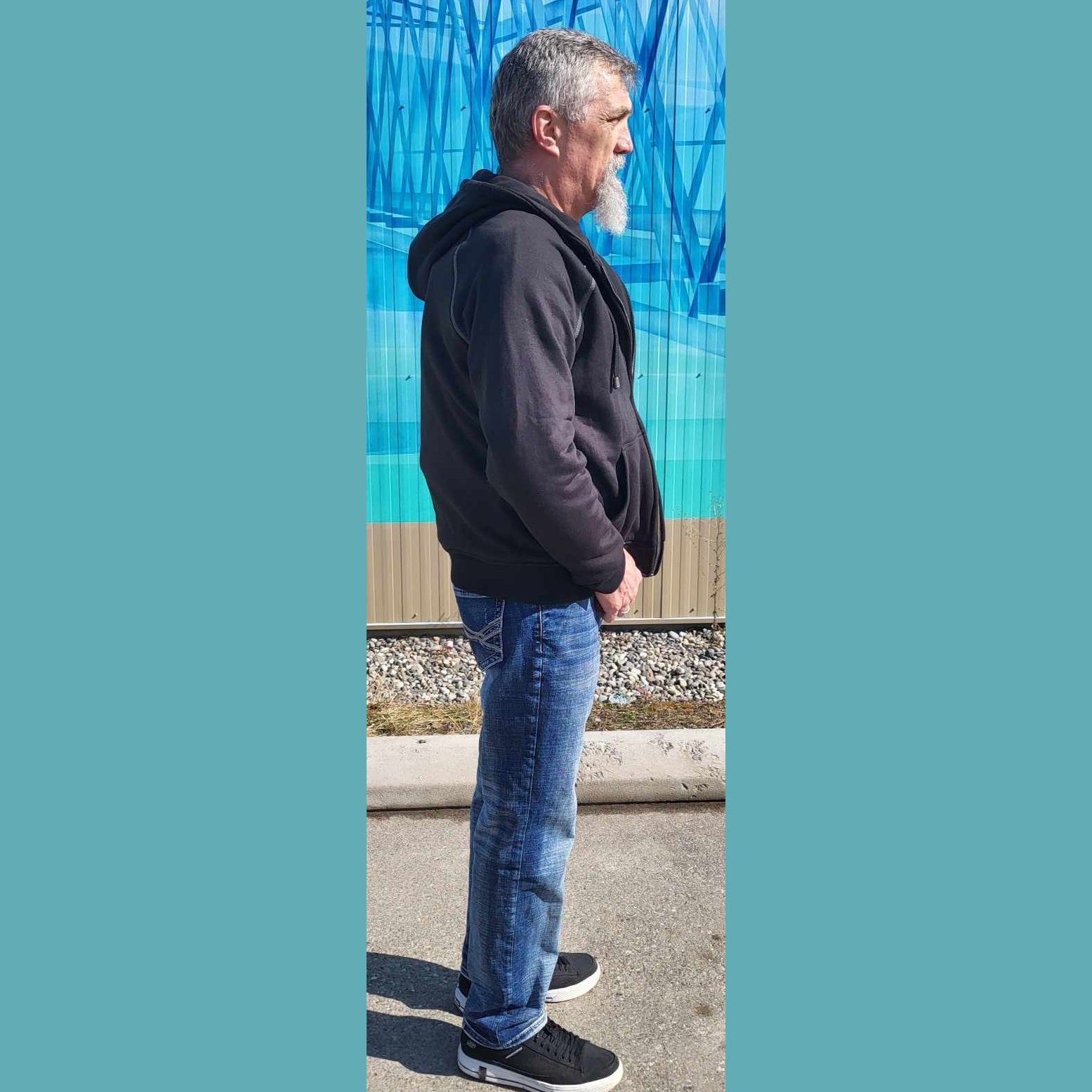 man wearing kevlar hoodie side view