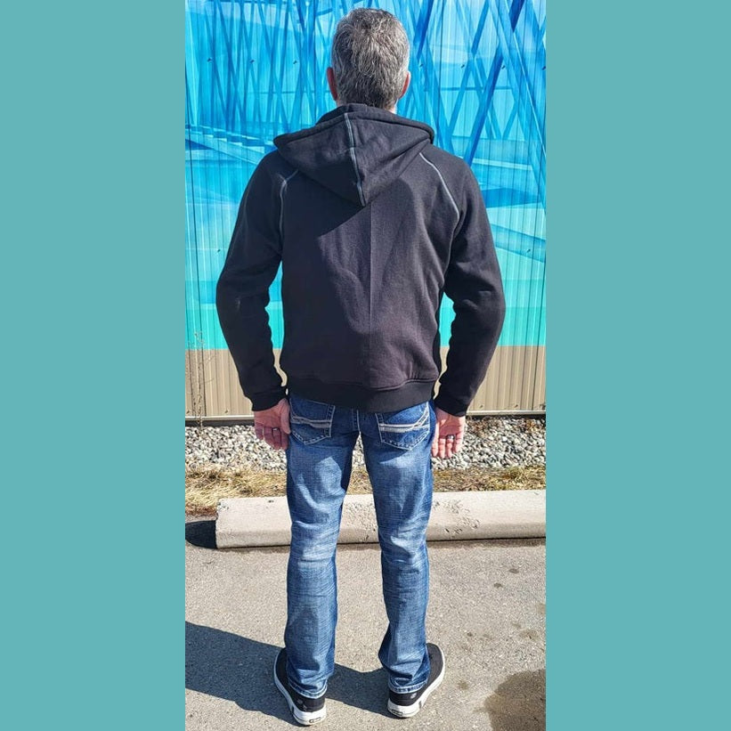 man wearing kevlar hoodie back view