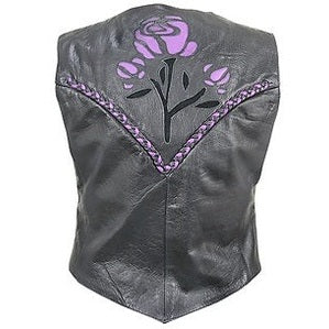 Xelement Ladies Leather Vest with Rose Inlay and Braid-Purple 4XL